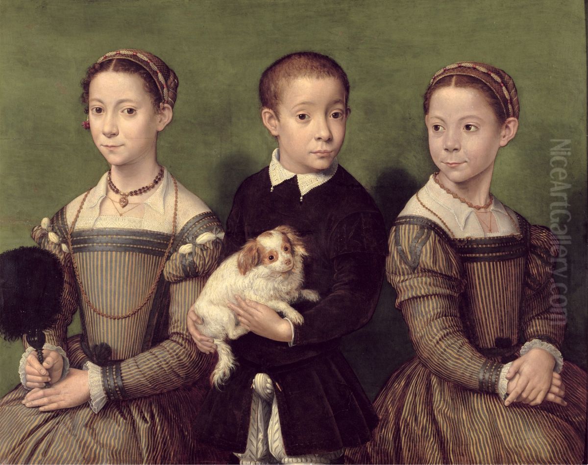 Three children with dog Oil Painting by Sofonisba Anguissola