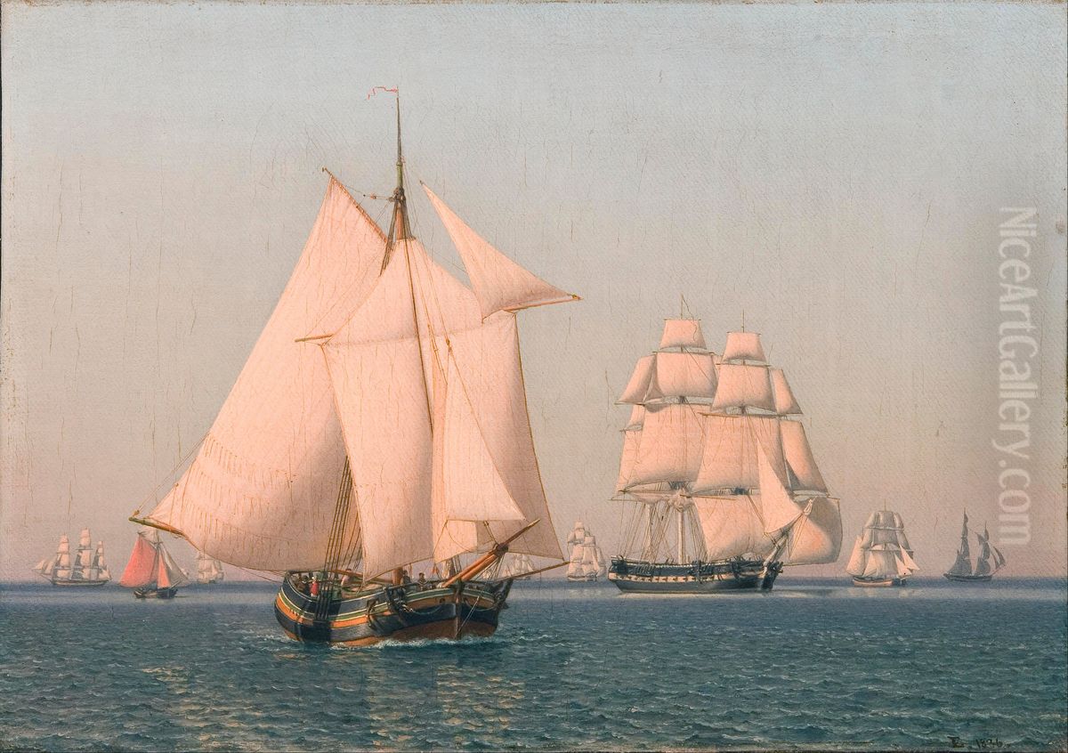Ships under sail in a mild breeze on a clear summer's afternoon Oil Painting by Christoffer Wilhelm Eckersberg