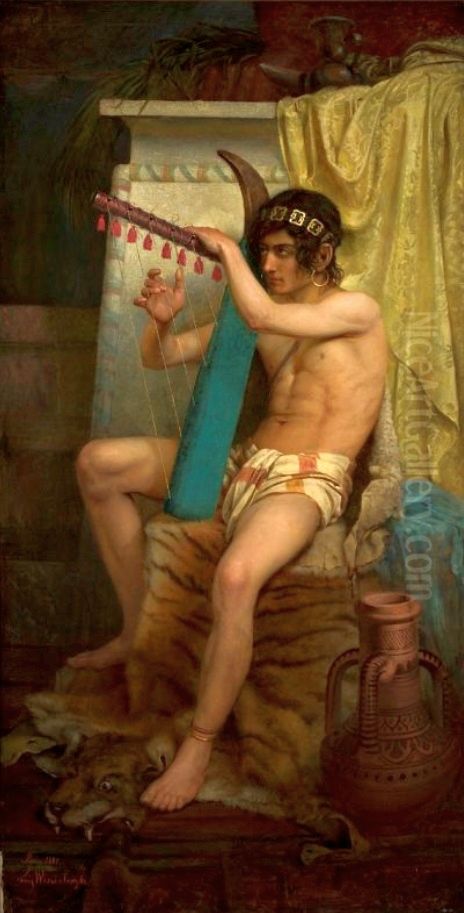David playing the harp. Oil Painting by Ludwik Wiesiolowski