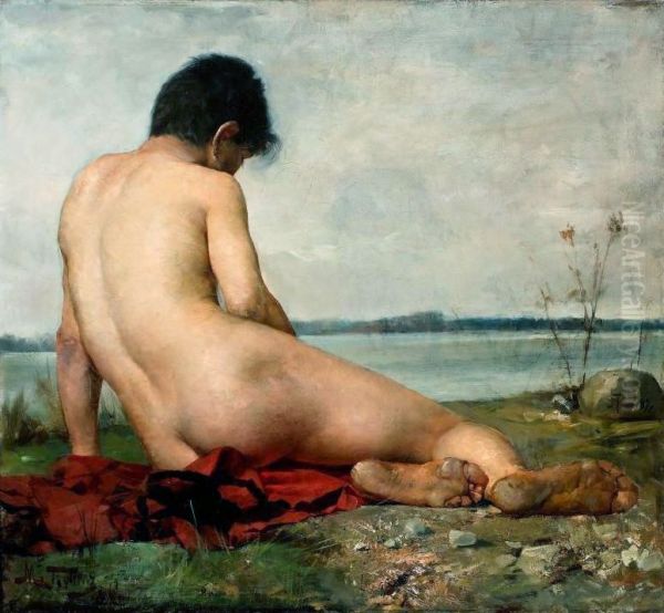 Male nude in a landscape. Oil Painting by Maurycy Trebacz
