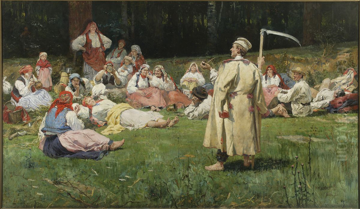 Harvesters resting Oil Painting by Wincenty Wodzinowski