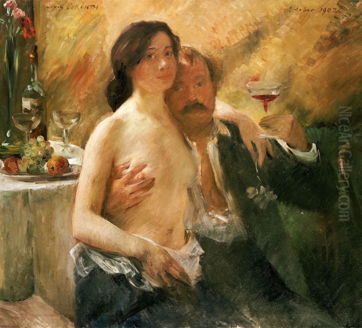 Self portrait with his wife Charlotte Berend-Corinth and a sekt glass Oil Painting by Lovis (Franz Heinrich Louis) Corinth