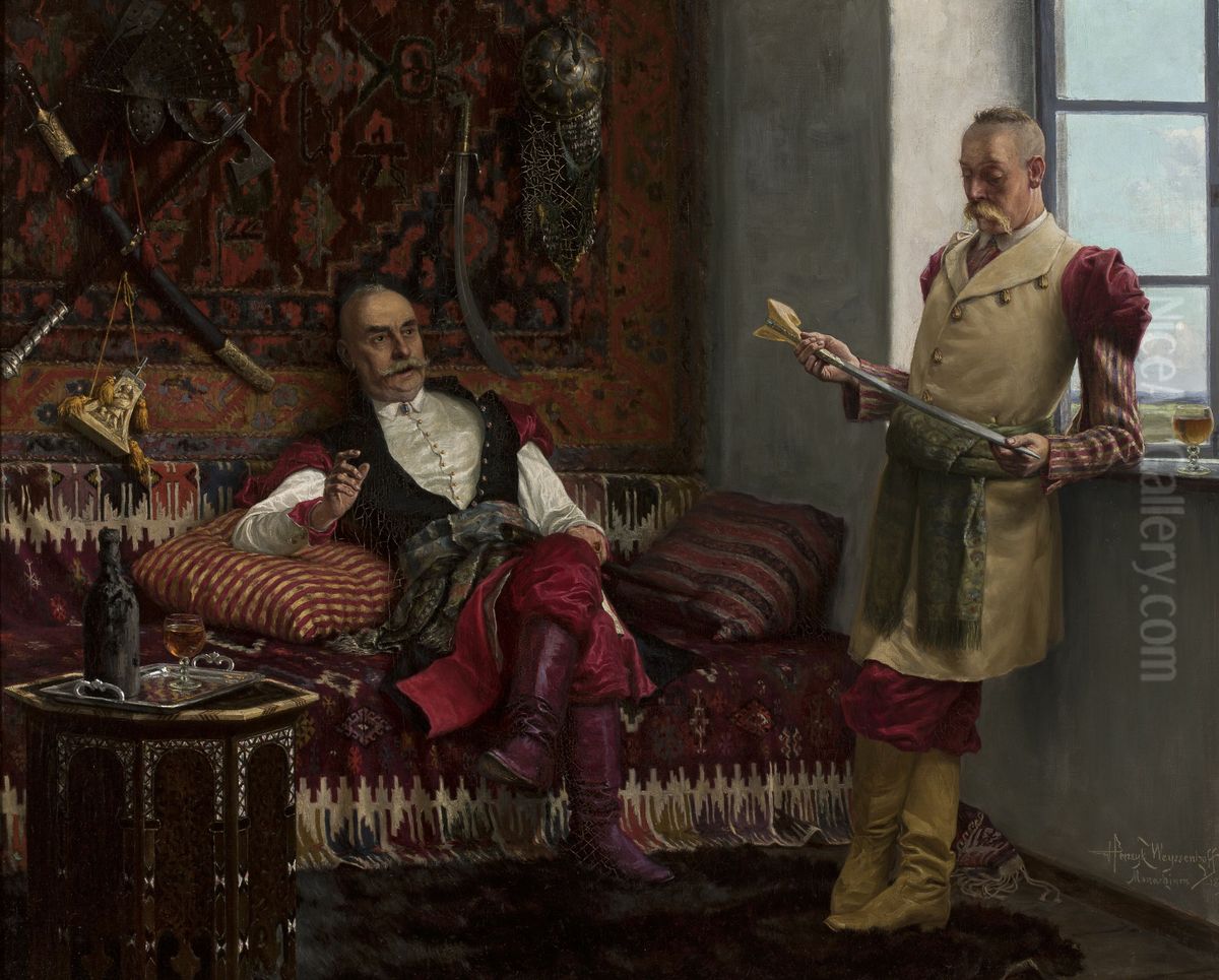 Nobility scene - History of the kinzhal. History of yatagan. Oil Painting by Henryk Weyssenhoff