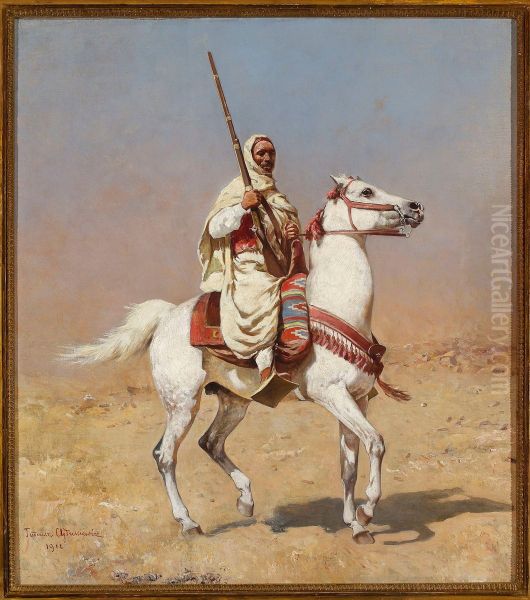 Arab on a grey horse Oil Painting by Tadeusz Ajdukiewicz