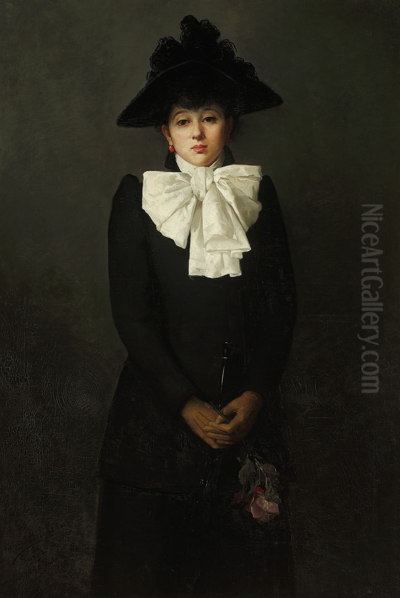 Portrait of a young woman with a rose in her hand Oil Painting by Anna Bilinska-Bohdanowicz
