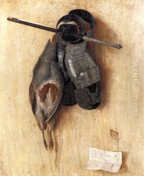 Totes Rebhuhn mit Eisenhandschuhen und Armbrustbolzen Oil Painting by Jacopo de' Barbari