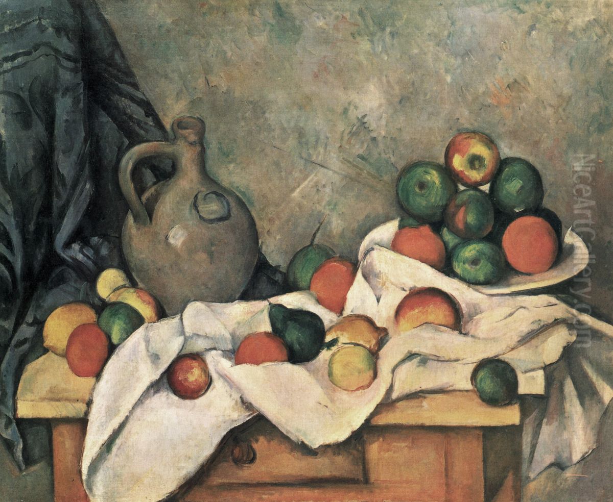 Stilleben, Draperie, Krug und Obstschale Oil Painting by Paul Cezanne