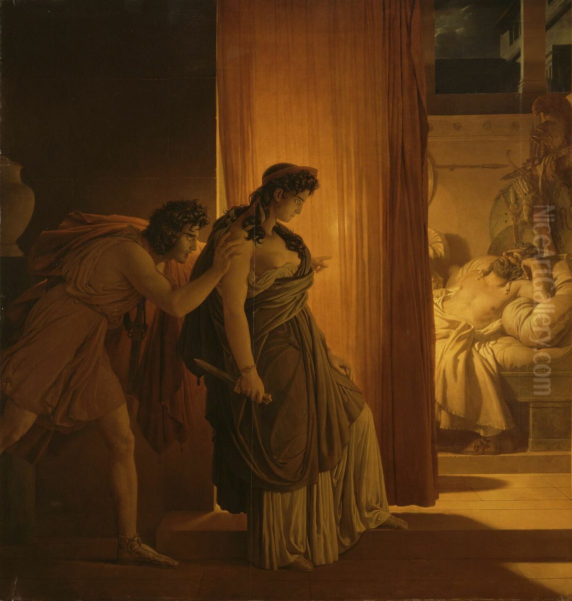 Clytemnestra hesitates before killing the sleeping Agamemnon. Oil Painting by Pierre-Narcisse Guerin