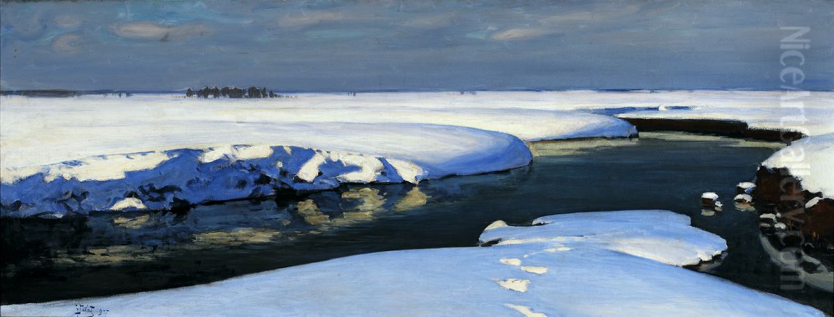Winter landscape with a river Oil Painting by Julian Falat