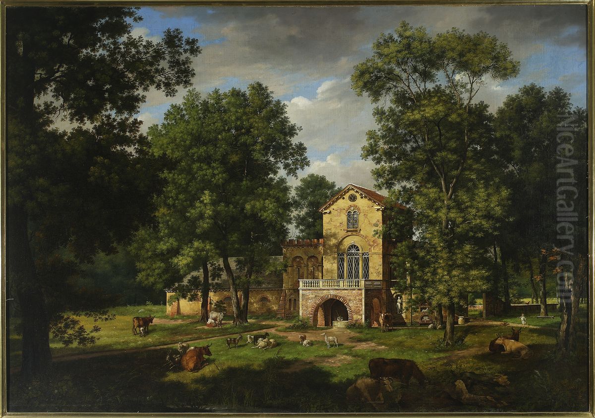 Fragment of the park in Natolin with the cowshed Oil Painting by Wincenty Kasprzycki