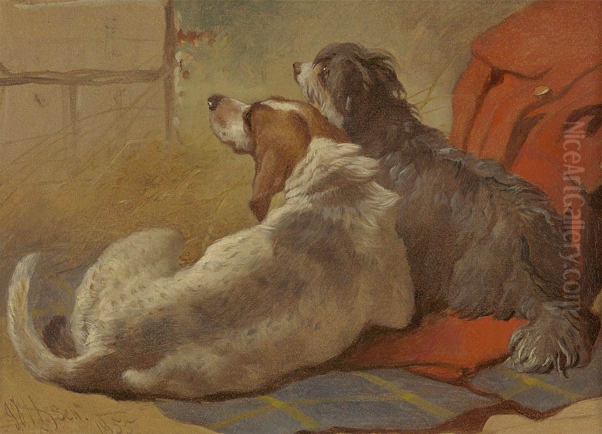 A Hound and a Bearded Collie seated on a Hunting Coat Oil Painting by John Frederick Herring, Sr. A Hound and a Bearded Collie seated on a Hunting Coat Oil Painting by John Frederick Herring, Sr.