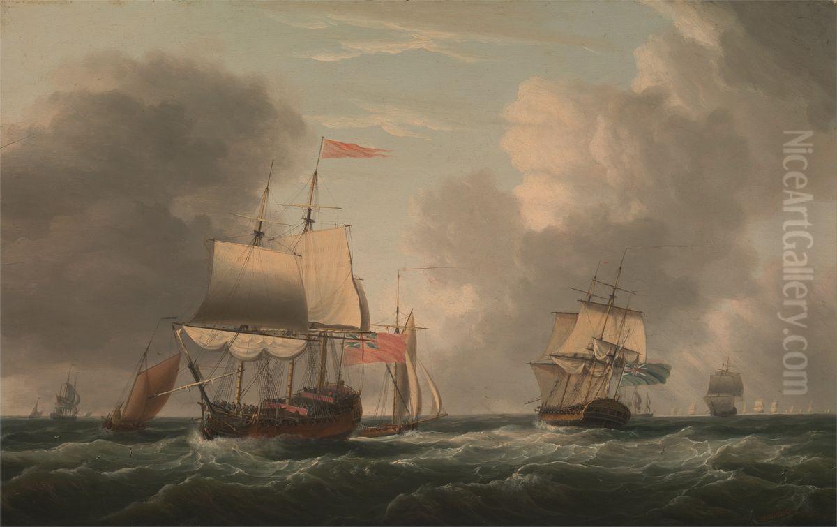 An English Two-Decker Lying Hove to, with Other Ships and Vessels in a Fresh Breeze Oil Painting by Dominic Serres