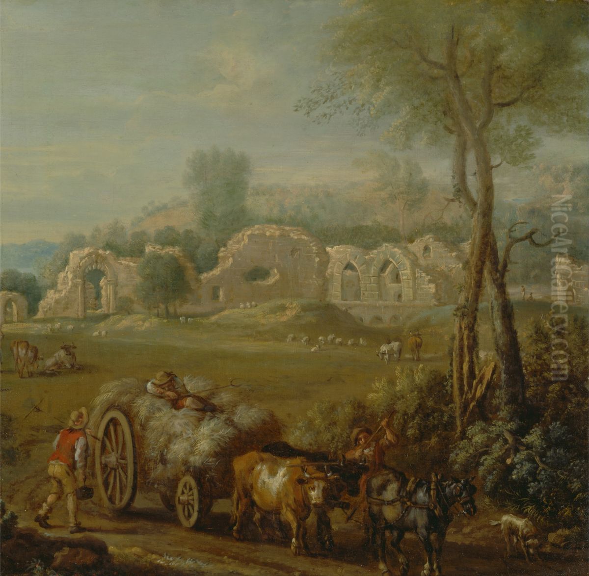 Haycart passing a ruined abbey Oil Painting by John Wootton