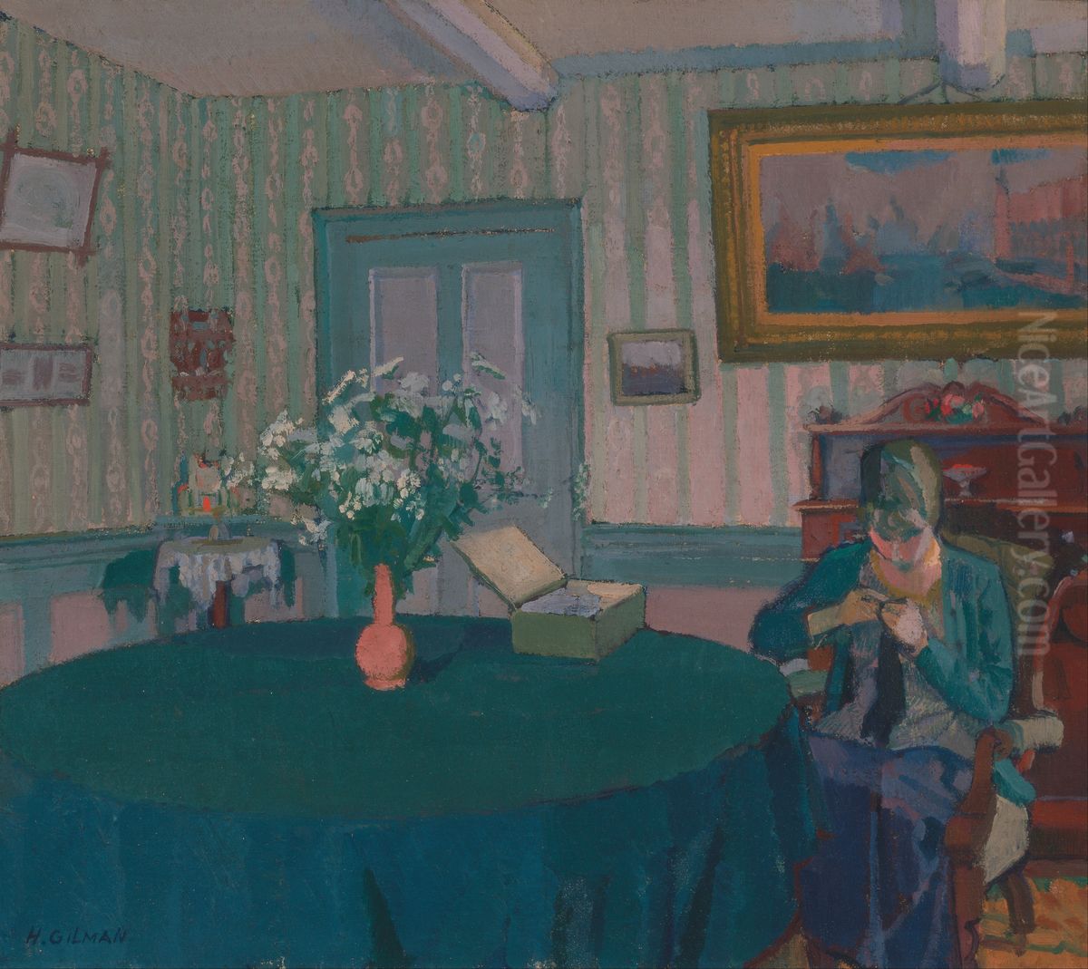 Sylvia Darning Oil Painting by Harold Gilman