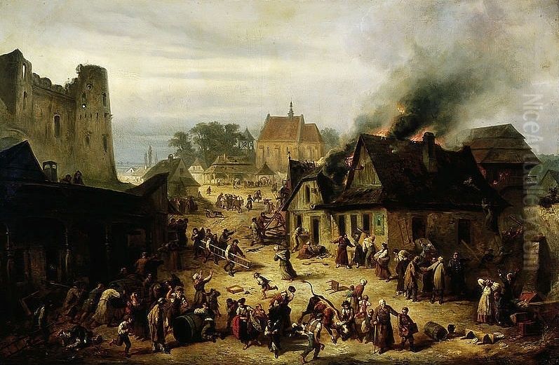 Town on fire Oil Painting by Franciszek Kostrzewski