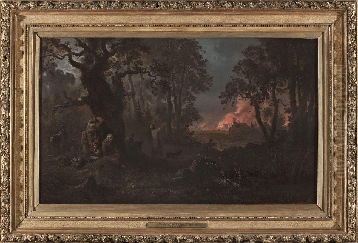 Fire in the village Oil Painting by Franciszek Kostrzewski