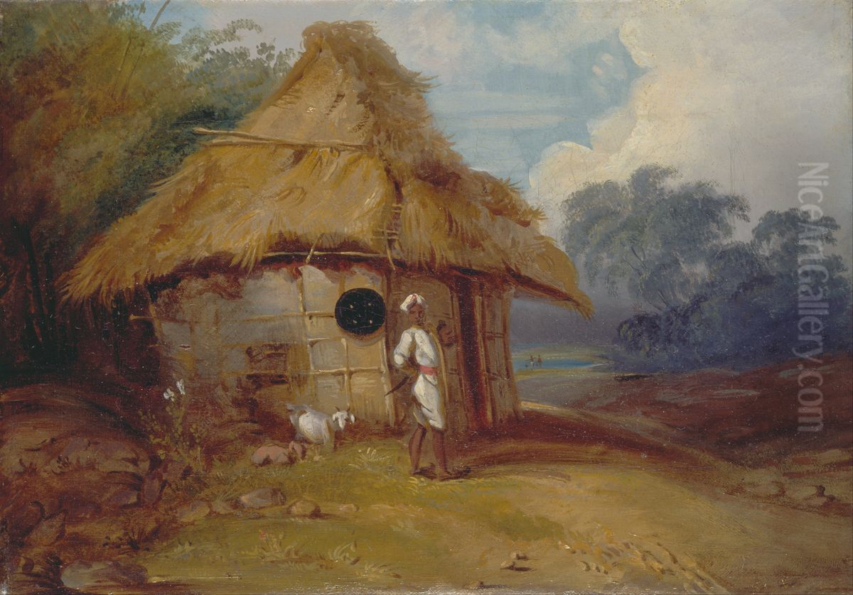 View in Southern India, with a Warrior Outside his Hut Oil Painting by George Chinnery