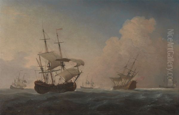 English Warships Heeling in the Breeze Offshore Oil Painting by Willem van de Velde the Younger