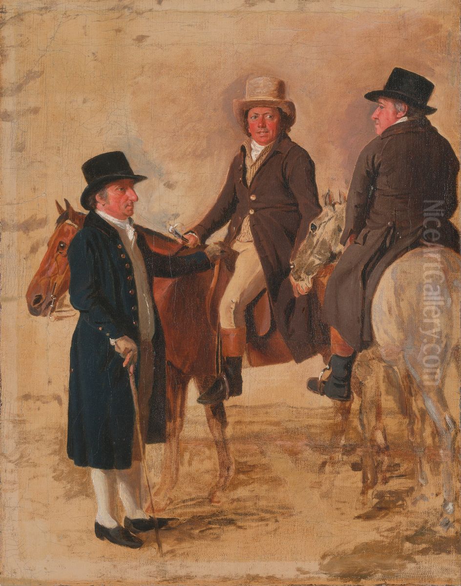John Hilton, Judge of the Course at Newmarket; John Fuller, Clerk of the Course; and John Stevens, a Trainer Oil Painting by Benjamin Marshall John Hilton, Judge of the Course at Newmarket; John Fuller, Clerk of the Course; and John Stevens, a Trainer Oil Painting by Benjamin Marshall