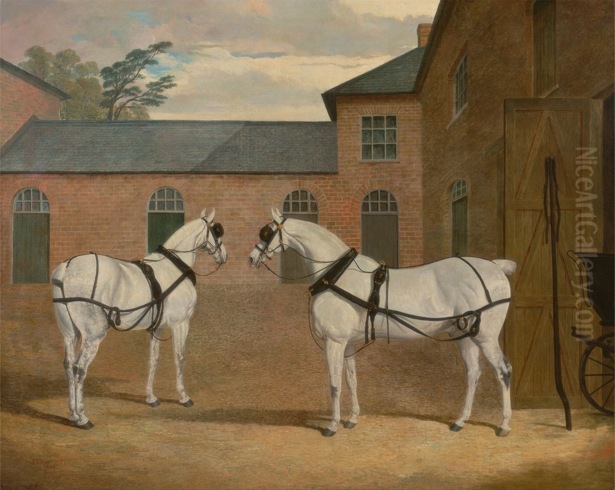 Grey carriage horses in the coachyard at Putteridge Bury, Hertfordshire Oil Painting by John Frederick Herring, Sr. Grey carriage horses in the coachyard at Putteridge Bury, Hertfordshire Oil Painting by John Frederick Herring, Sr.
