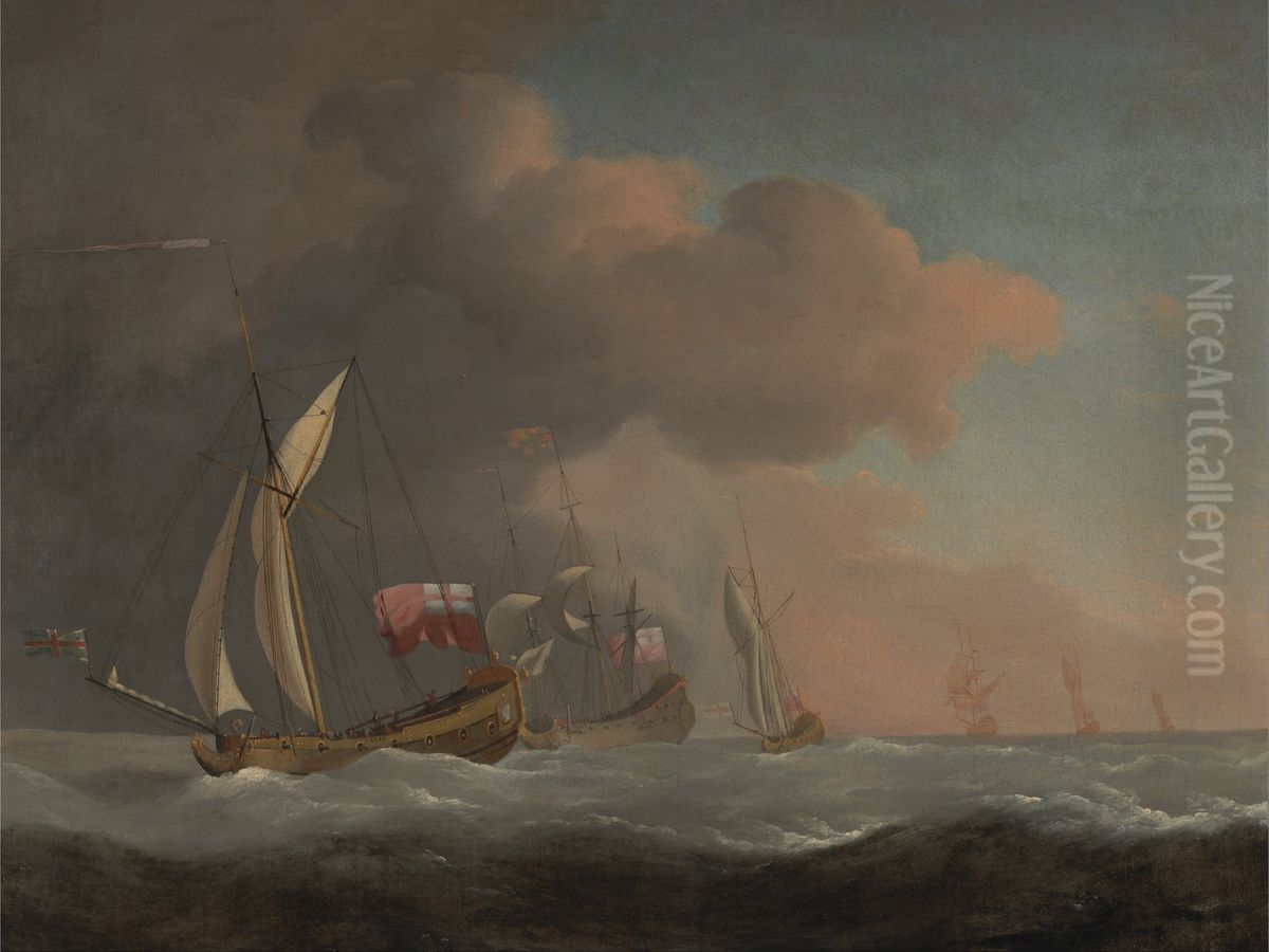 English Royal Yachts at Sea in a Strong Breeze, in Company with a Ship Flying the Royal Standard Oil Painting by Willem van de Velde the Younger