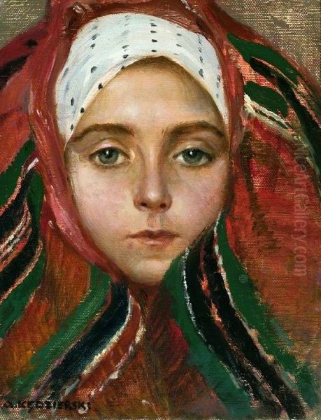 Head of a young woman from Lowicz Oil Painting by Apoloniusz Kedzierski