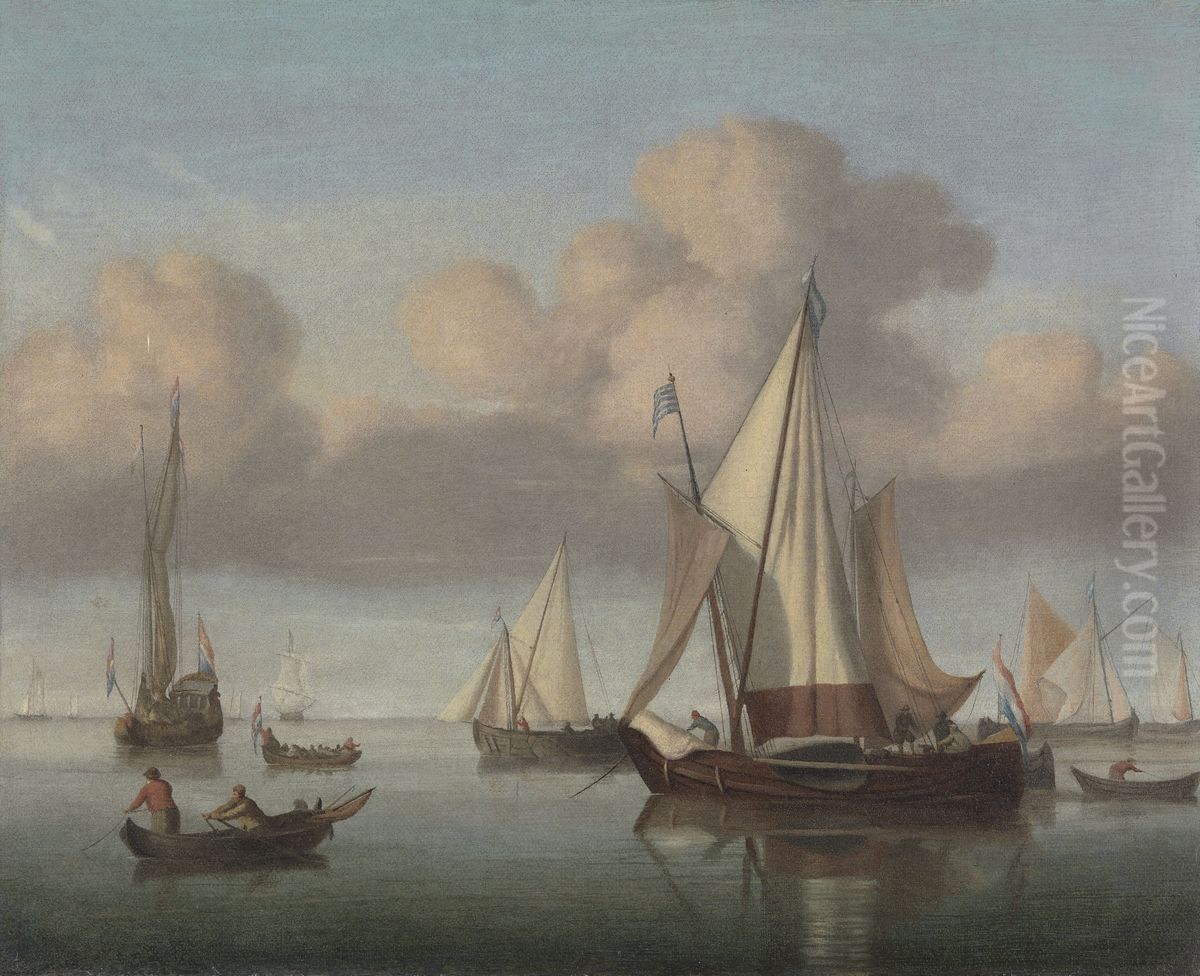 A Kaag at Anchor with Sails Hoisted and a State Yacht and Other Vessel Oil Painting by Willem van de Velde the Younger