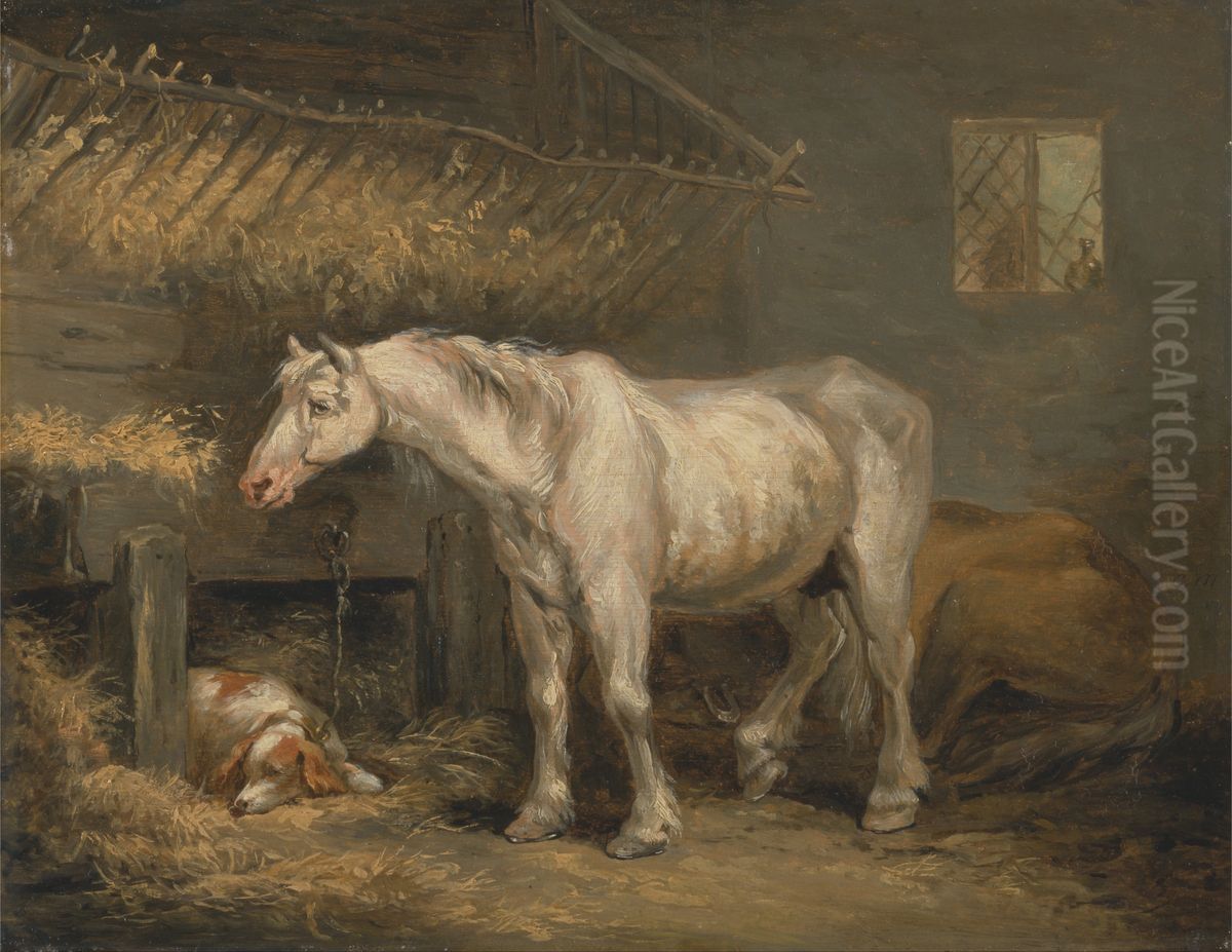 Old horses with a dog in a stable Oil Painting by George Morland