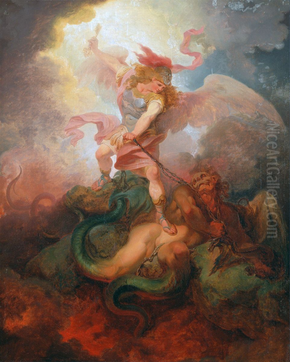 The Angel Binding Satan Oil Painting by Philip James de Loutherbourg The Angel Binding Satan Oil Painting by Philip James de Loutherbourg