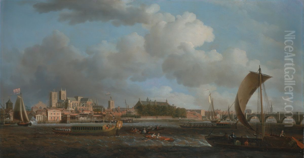 Westminster from Lambeth, with the Ceremonial Barge of the Ironmongers' Company Oil Painting by Samuel Scott Westminster from Lambeth, with the Ceremonial Barge of the Ironmongers' Company Oil Painting by Samuel Scott