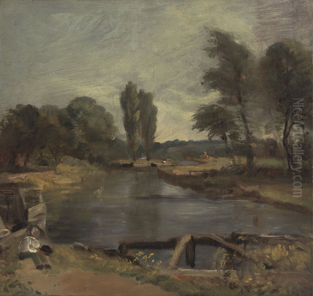 Flatford Lock Oil Painting by John Constable