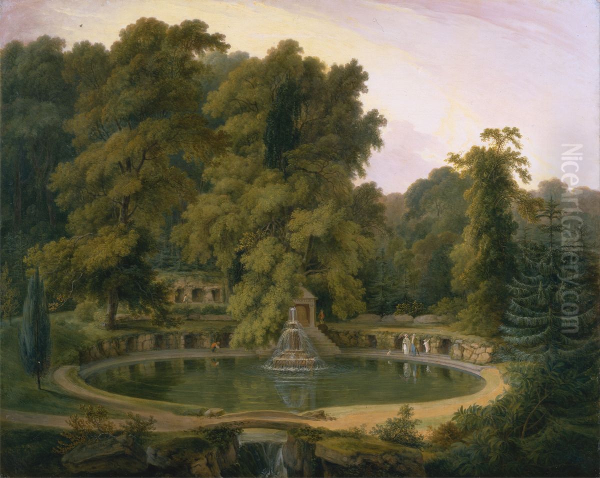 Temple, Fountain and Cave in Sezincote Park Oil Painting by Thomas Daniell