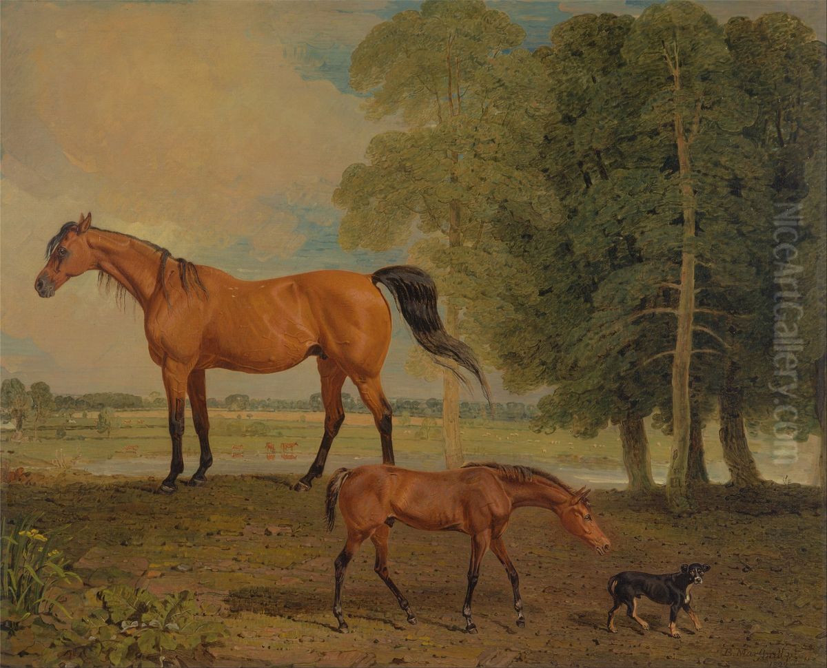 Broodmare with Foal, and a Terrier Oil Painting by Benjamin Marshall