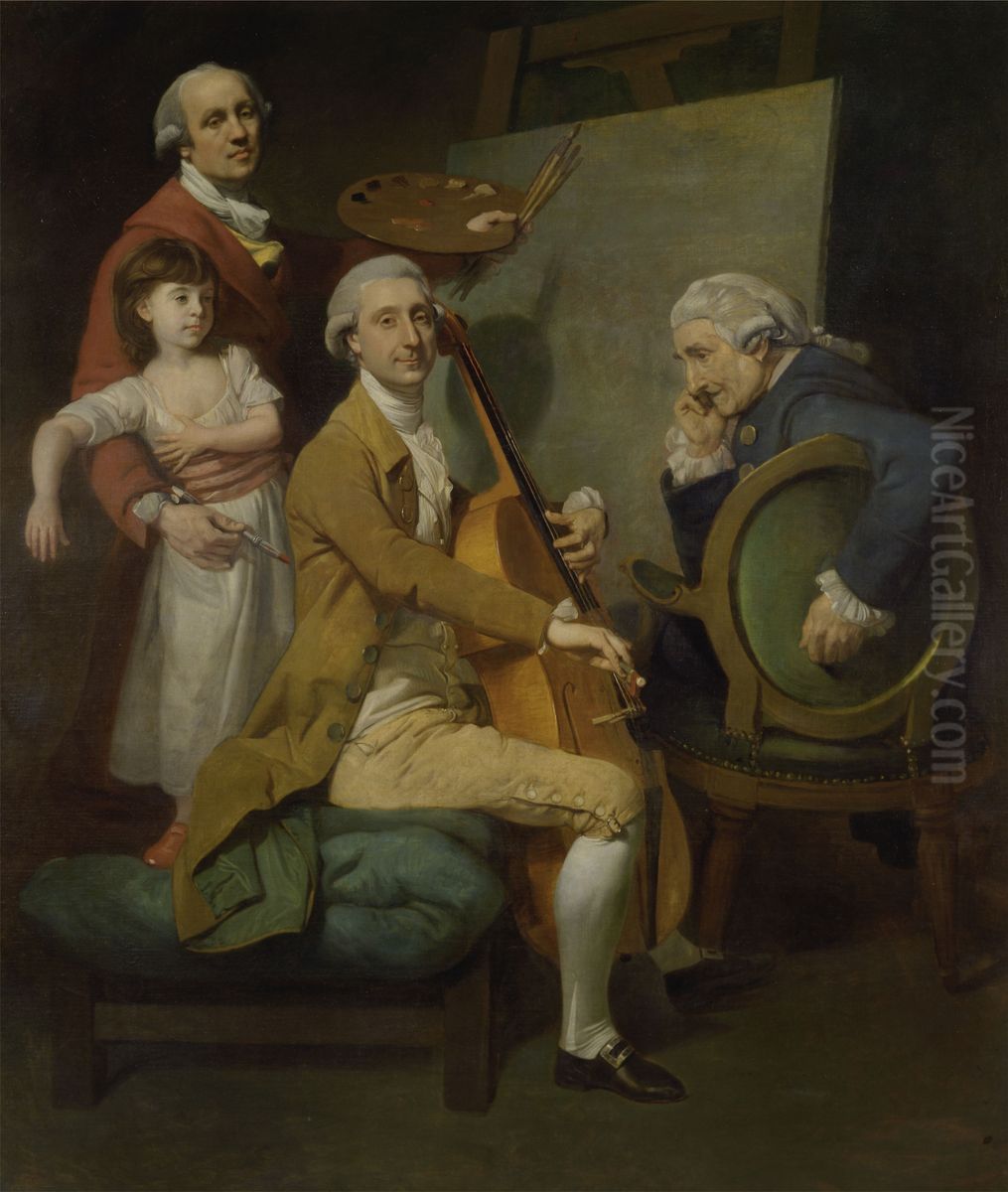 Self-Portrait with His Daughter Maria Theresa, James Cervetto, and Giacobbe Cervetto Oil Painting by Johann Zoffany