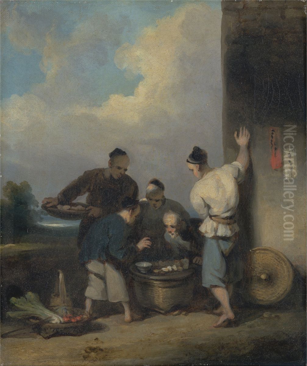 Coolies Round the Food Vendor's Stall Oil Painting by George Chinnery