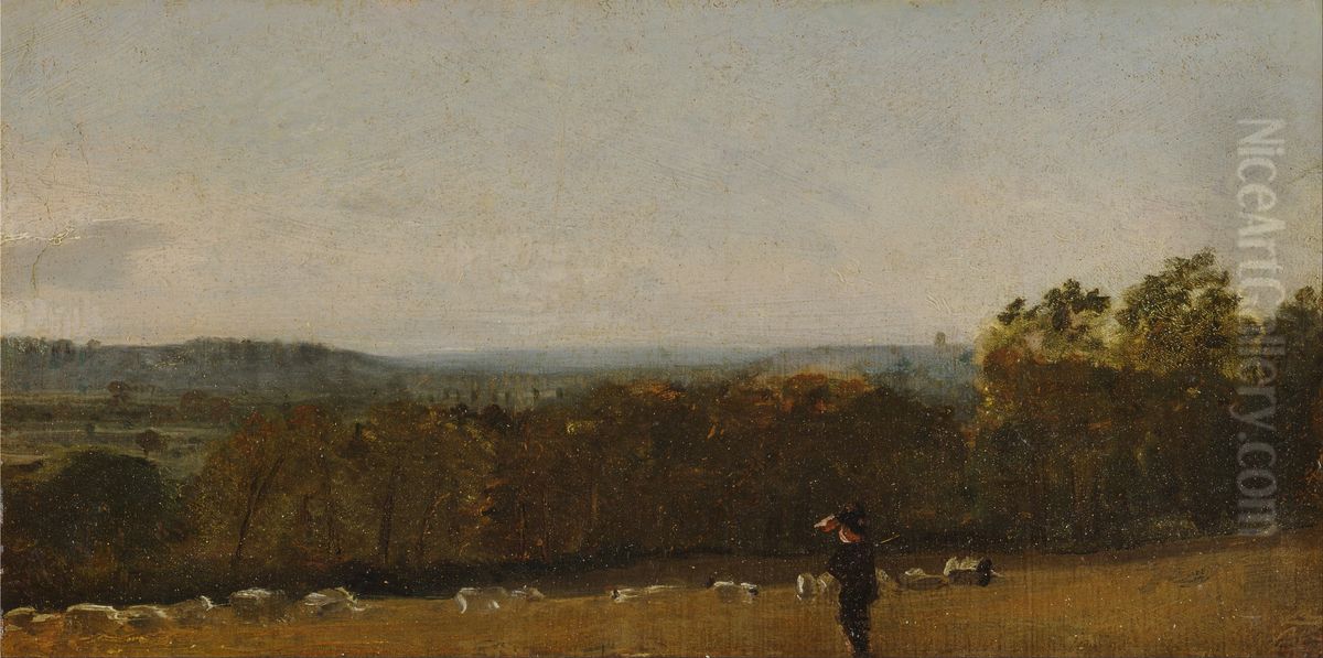 A Shepherd in a Landscape looking across Dedham Vale towards Langham Oil Painting by John Constable