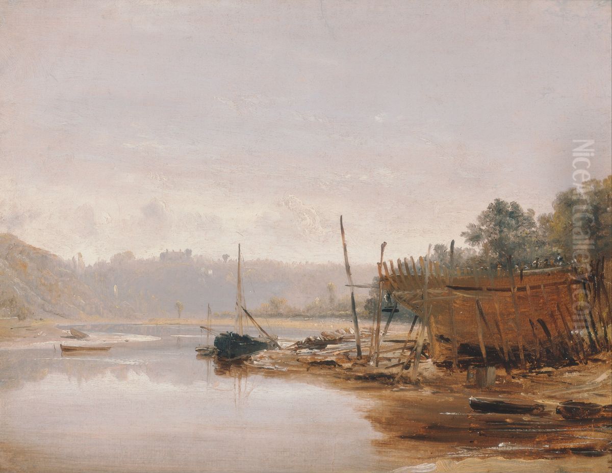 Boat Building near Dinan, Brittany Oil Painting by Francis Danby