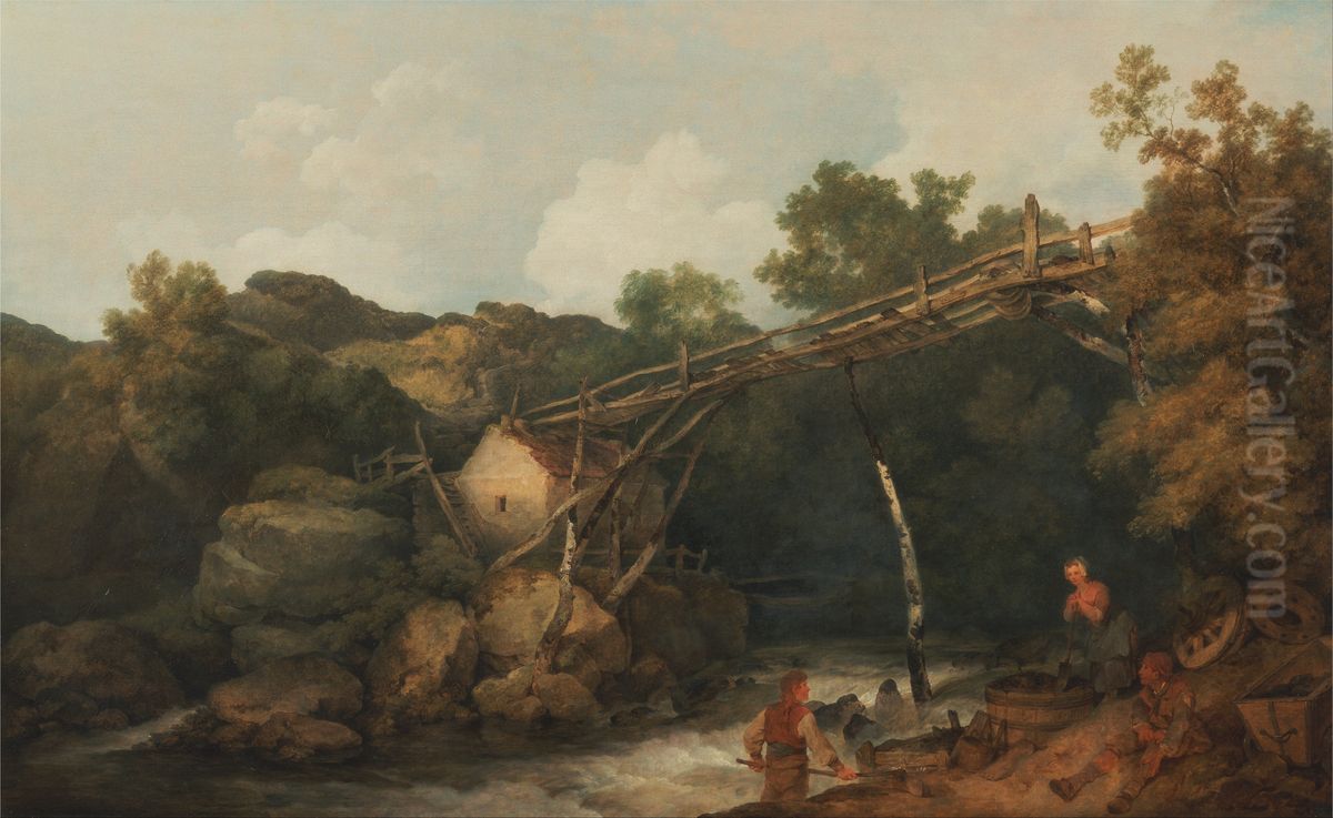 A View near Matlock, Derbyshire with Figures Working beneath a Wooden Conveyor Oil Painting by Philip James de Loutherbourg