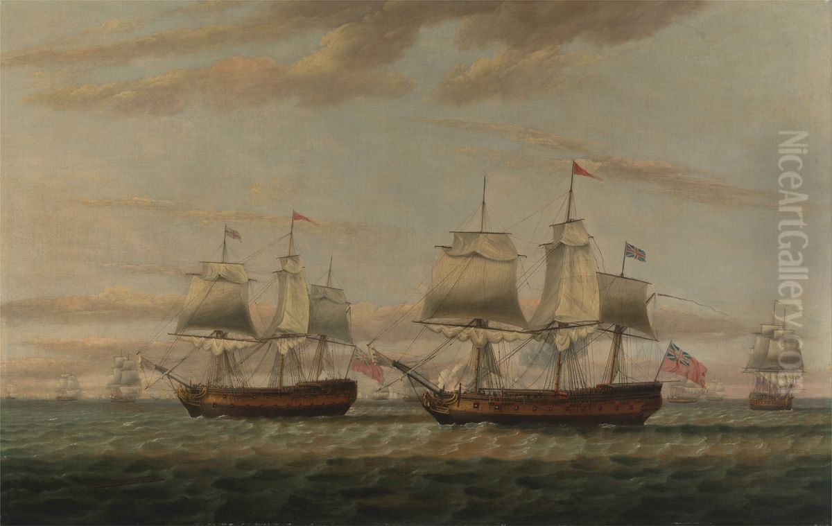 An Indiaman and a Two Decker Hove to, Said to be Thomas Dumar, Esq. in H.M. Ship 'Portland' Delivering the Leeward Island Convoy, in 1776 Oil Painting by Thomas Luny