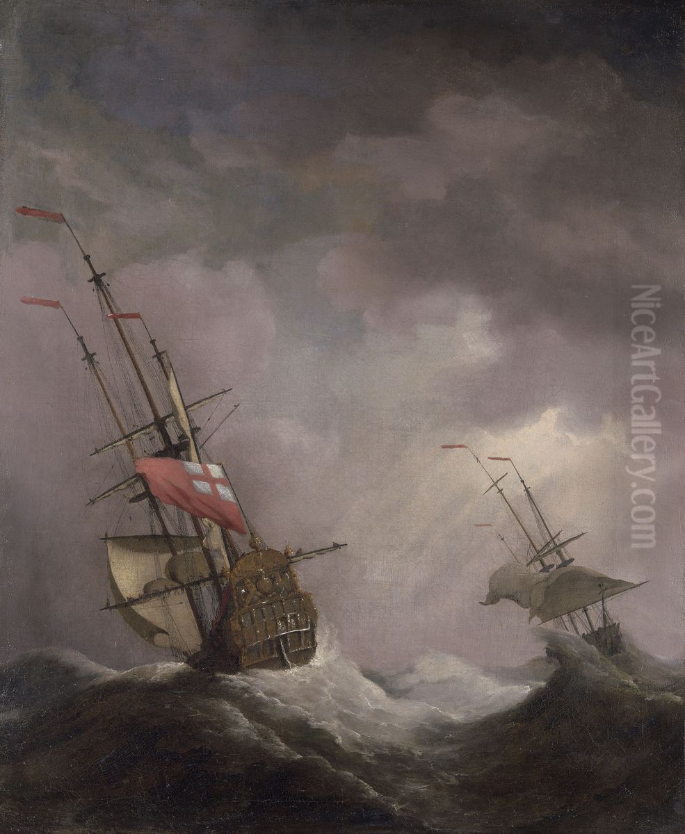 An English Ship at Sea Running In a Gale Oil Painting by Willem van de Velde the Younger