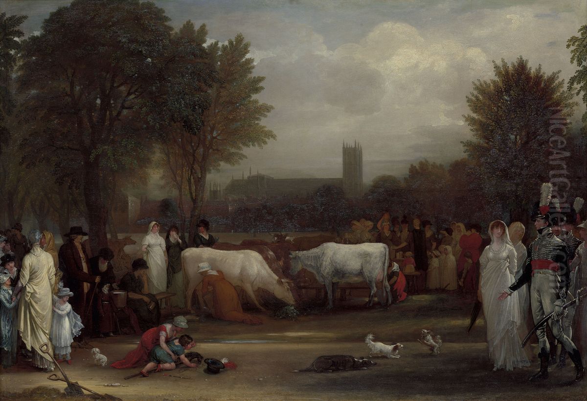 Milkmaids in St. James's Park, Westminster Abbey Beyond Oil Painting by Benjamin West