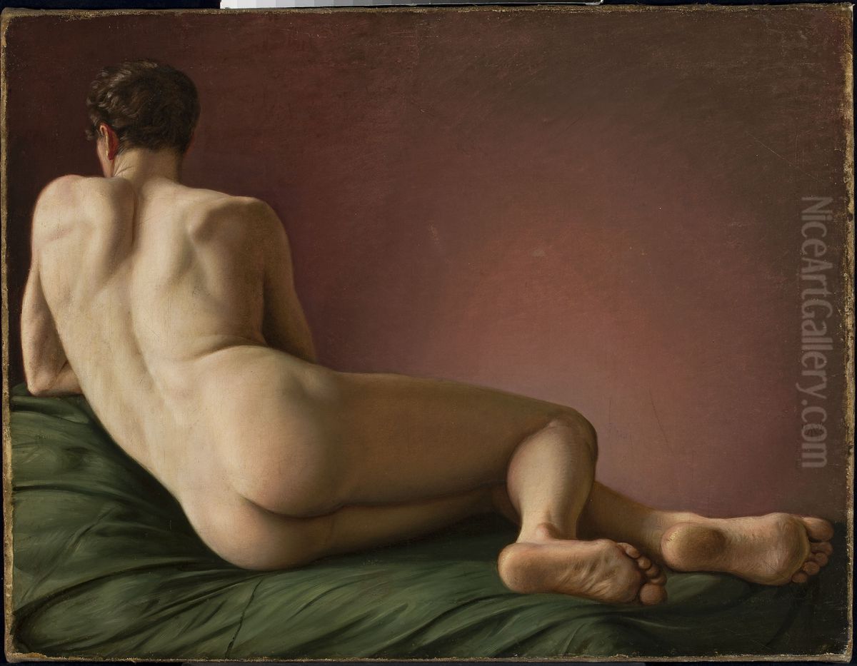 Nude of the back of a reclining man Oil Painting by Aleksander Lesser