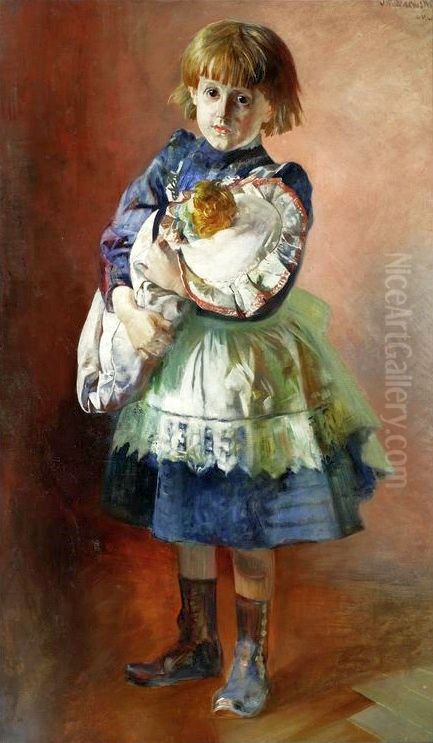 Portrait of Julia, artist's daughter, with a doll Oil Painting by Jacek Malczewski