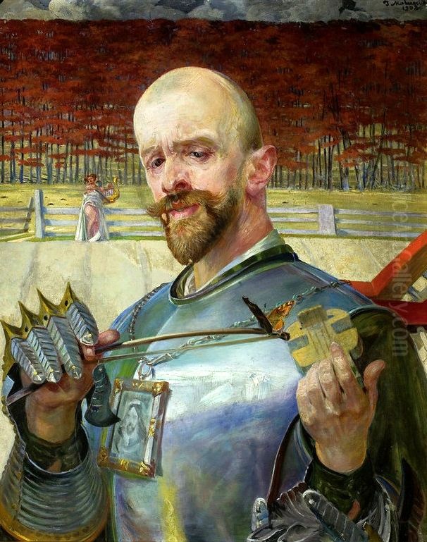Self-portrait in armour with fiddles Oil Painting by Jacek Malczewski