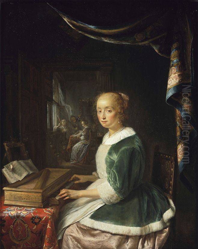 Young woman playing a clavichord Oil Painting by Gerrit Dou