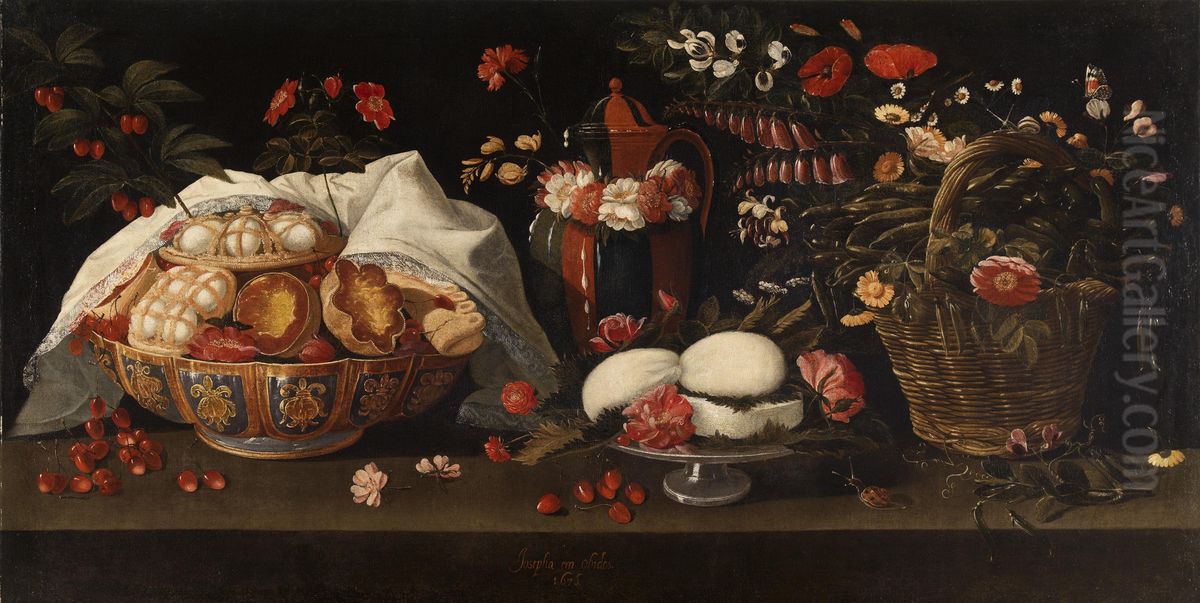 Natureza Morta com flores, doces e cerejas Oil Painting by Josefa de Obidos