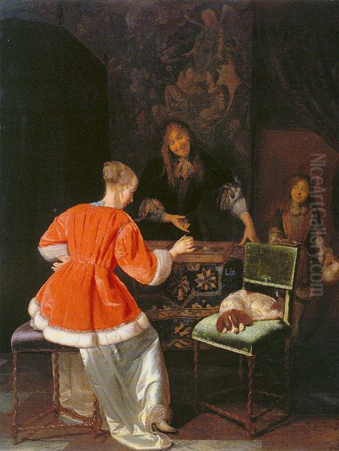 The Backgammon Players Oil Painting by Jacob Ochtervelt