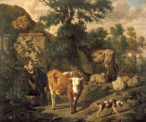 Landschap met herder en vee nabij graftombe