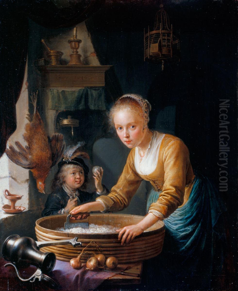 Jeune fille hachant des oignons Oil Painting by Gerrit Dou