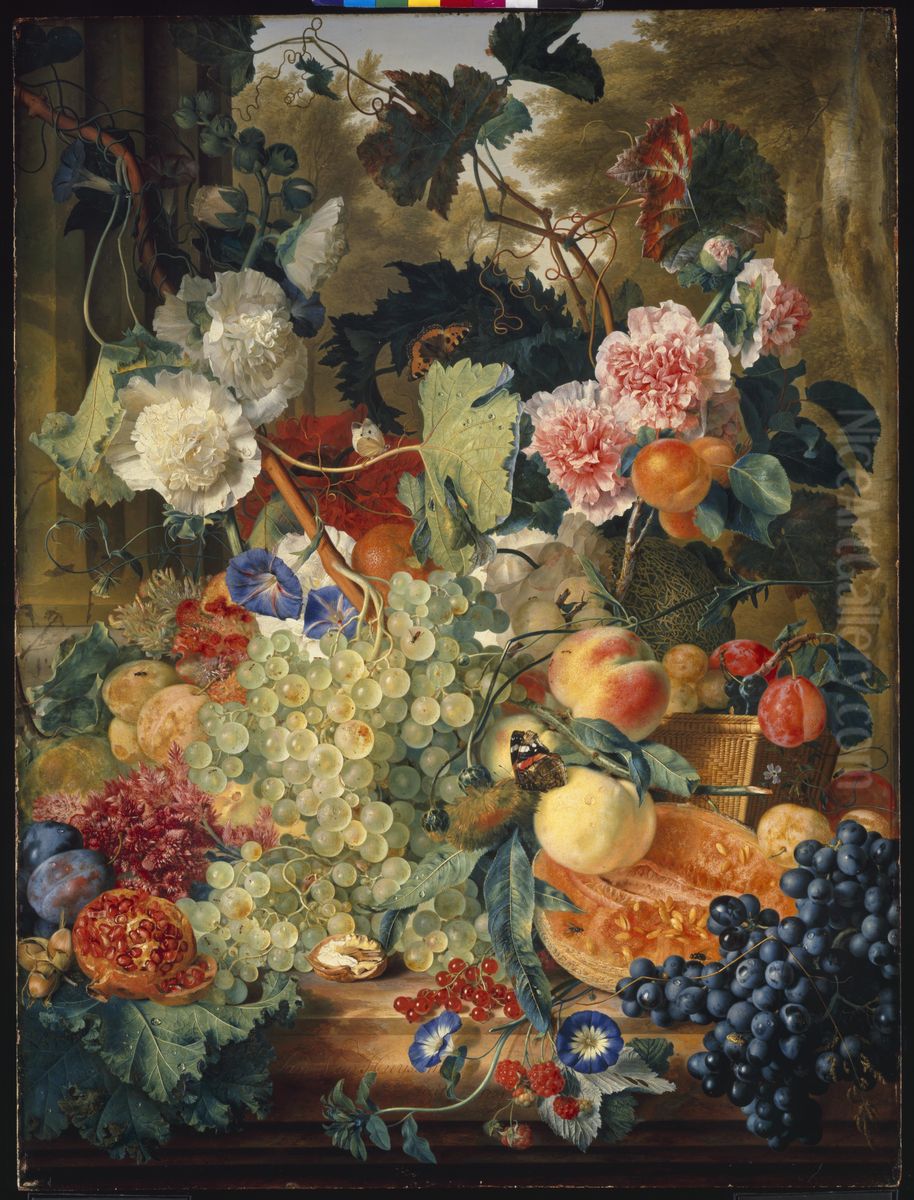 Still life of flowers and fruit on a marble slab Oil Painting by Jan Van Huysum